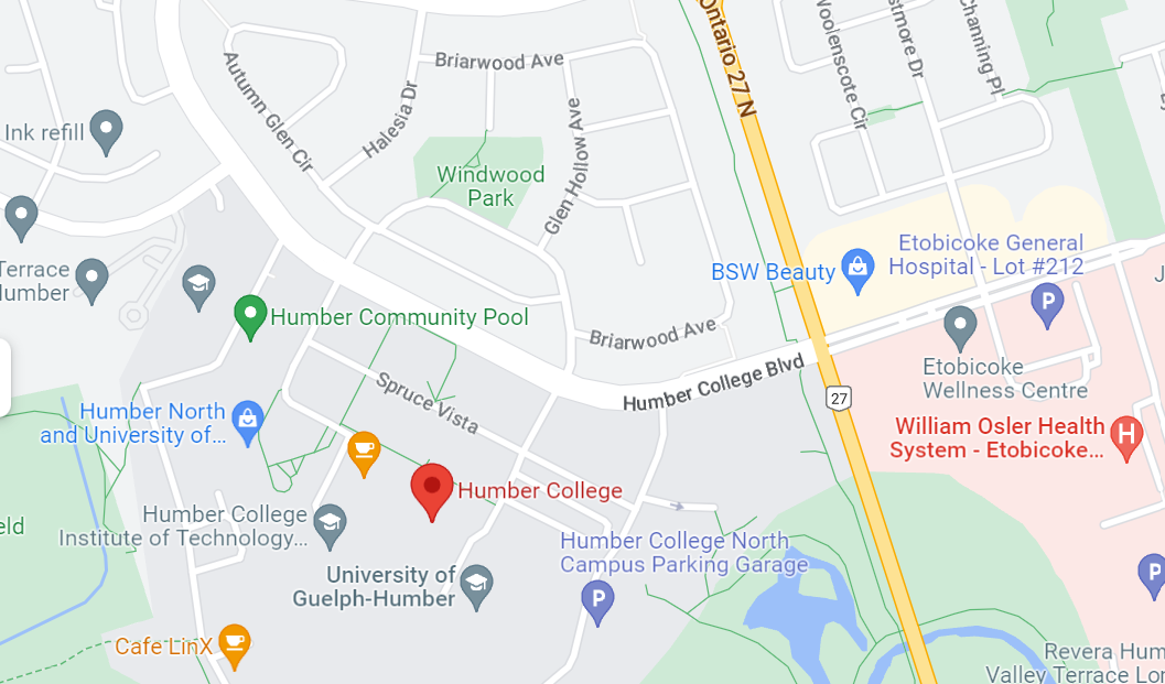 Map of Humber College. Main intersection is Humber College Blvd and Highway 7
